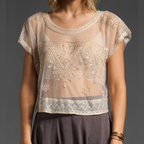 Free People Tops - Free People Sheer Embroidered Cream Top 093